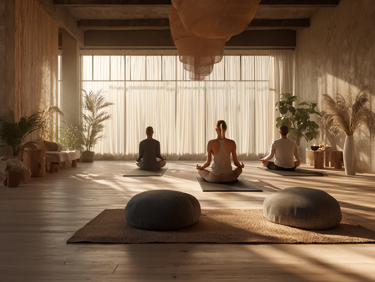 Люди різного віку практикують йогу в студії